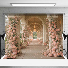 Lofaris Romantic Hallway Photography Backdrop Pink Floral Columns at a Palace Elegant Wedding Aisle or Reception Decor