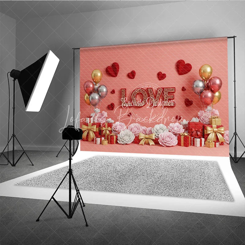 Lofaris Romantic Love Gift Box Backdrop Red 3D Text Balloons Paper Hearts Background Valentine Day Photography Decoration