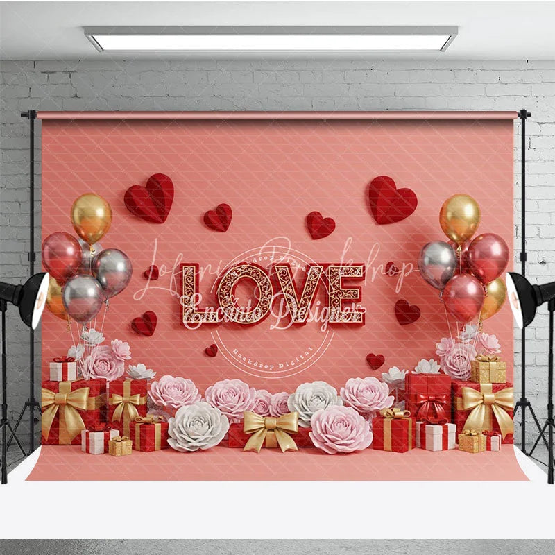 Lofaris Romantic Love Gift Box Backdrop Red 3D Text Balloons Paper Hearts Background Valentine Day Photography Decoration