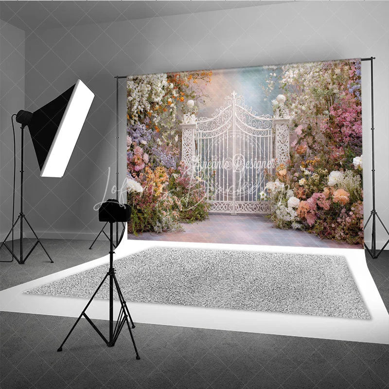 Lofaris Romantic Pastel Floral Enchanted Garden Gate Photography Backdrop Whimsical Archway for Wedding Fairy Tale Party