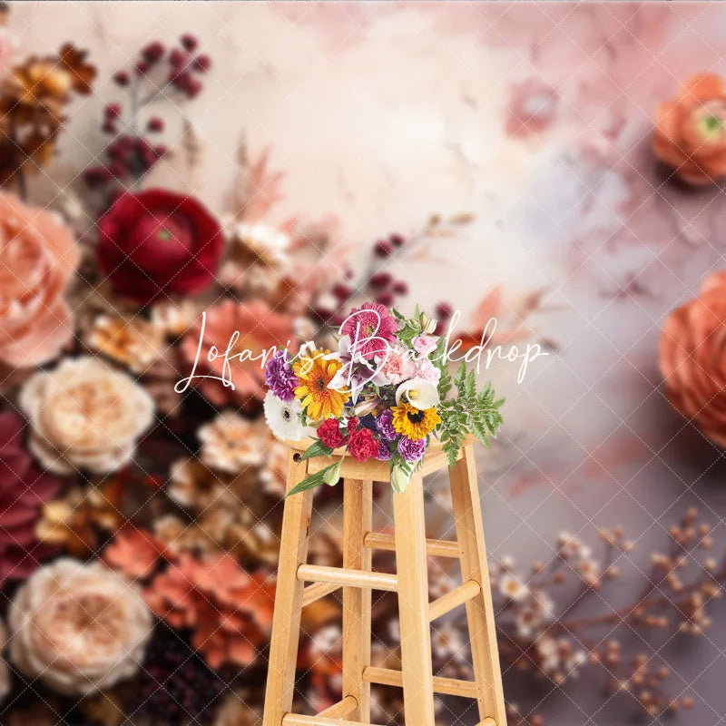 Lofaris Romantic Peach and Burgundy Floral Photography Backdrop Elegant Roses Dahlias Ranunculus Textured Art