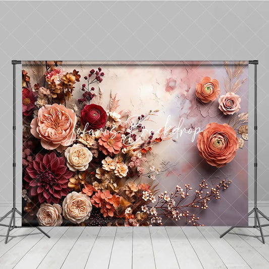 Lofaris Romantic Peach and Burgundy Floral Photography Backdrop Elegant Roses Dahlias Ranunculus Textured Art