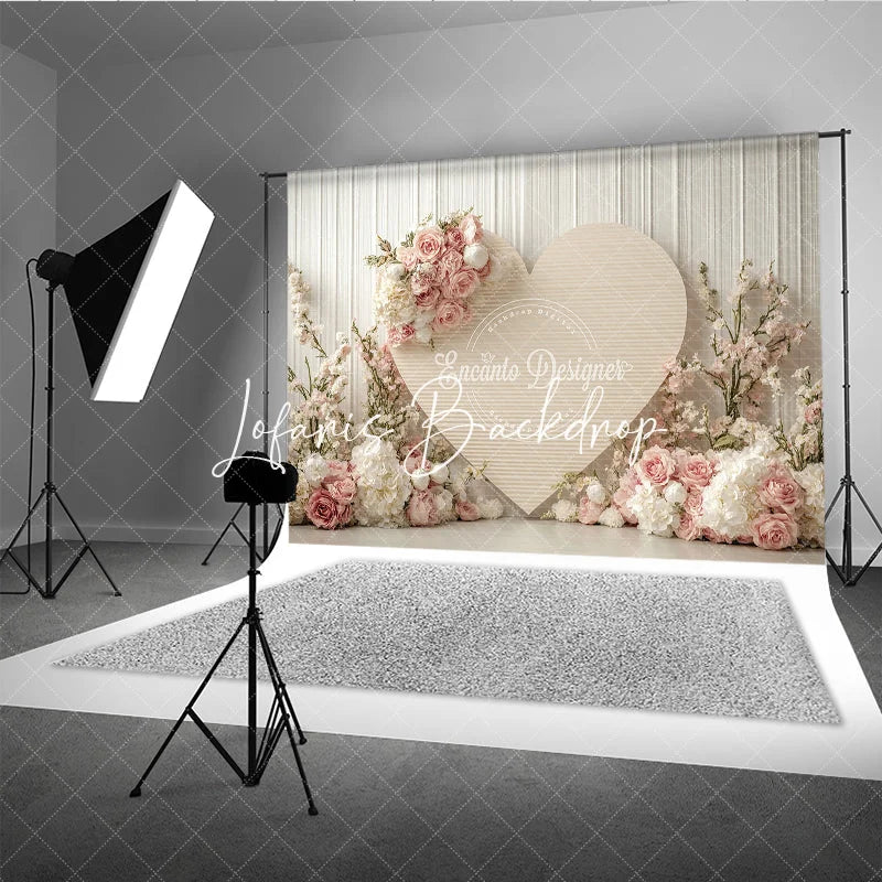Lofaris Romantic Pink and White Floral Heart Photography Backdrop Elegant Wood Panel for Valentine’s Day Wedding