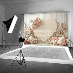 Lofaris Romantic Pink and White Floral Heart Photography Backdrop Elegant Wood Panel for Valentine’s Day Wedding