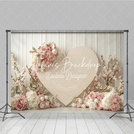 Lofaris Romantic Pink and White Floral Heart Photography Backdrop Elegant Wood Panel for Valentine’s Day Wedding