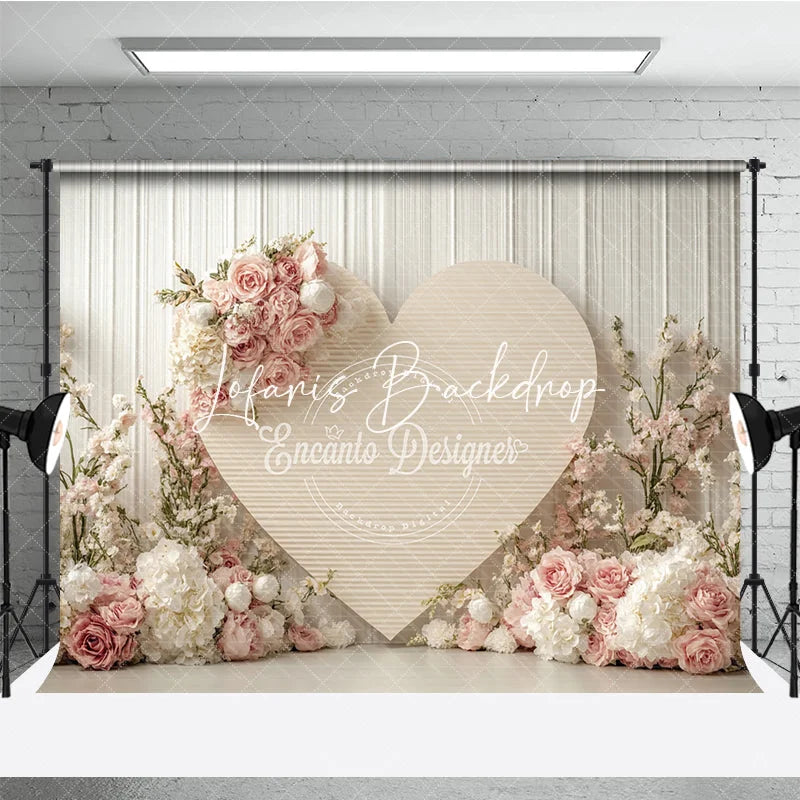 Lofaris Romantic Pink and White Floral Heart Photography Backdrop Elegant Wood Panel for Valentine’s Day Wedding