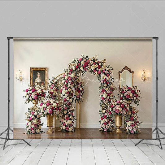 Lofaris Romantic Pink and White Roses Floral Arch Photography Backdrop Elegant Golden Leaves Wedding Party Decor
