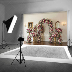 Lofaris Romantic Pink and White Roses Floral Arch Photography Backdrop Elegant Golden Leaves Wedding Party Decor