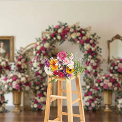Lofaris Romantic Pink and White Roses Floral Arch Photography Backdrop Elegant Golden Leaves Wedding Party Decor