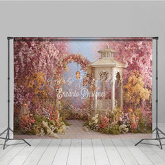 Lofaris Romantic Pink and Yellow Floral Arch Garden Photography Backdrop Spring Gazebo with Lanterns for Photoshoot