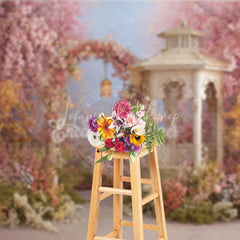 Lofaris Romantic Pink and Yellow Floral Arch Garden Photography Backdrop Spring Gazebo with Lanterns for Photoshoot