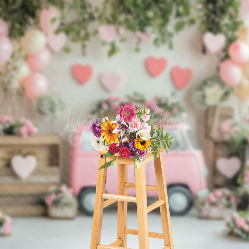 Lofaris Romantic Pink Bus Floral Greenery Balloons Backdrop