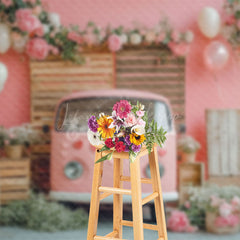 Lofaris Romantic Pink Bus Floral Valentines Day Backdrop
