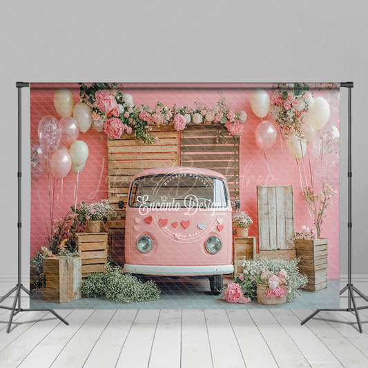 Lofaris Romantic Pink Bus Floral Valentines Day Backdrop