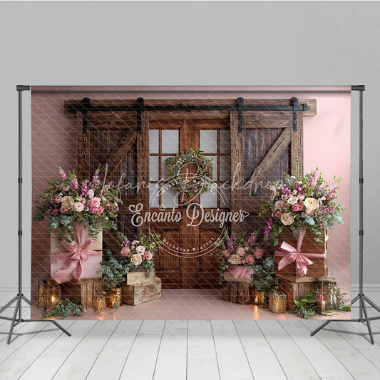 Lofaris Romantic Pink Floral Photography Backdrop with Rustic Barn Door and Wreath Elegant Wedding Decor