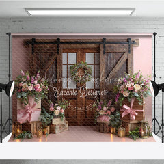 Lofaris Romantic Pink Floral Photography Backdrop with Rustic Barn Door and Wreath Elegant Wedding Decor