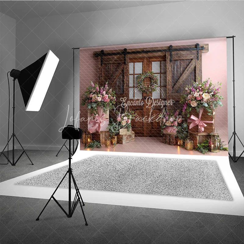 Lofaris Romantic Pink Floral Photography Backdrop with Rustic Barn Door and Wreath Elegant Wedding Decor