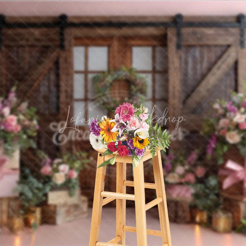 Lofaris Romantic Pink Floral Photography Backdrop with Rustic Barn Door and Wreath Elegant Wedding Decor