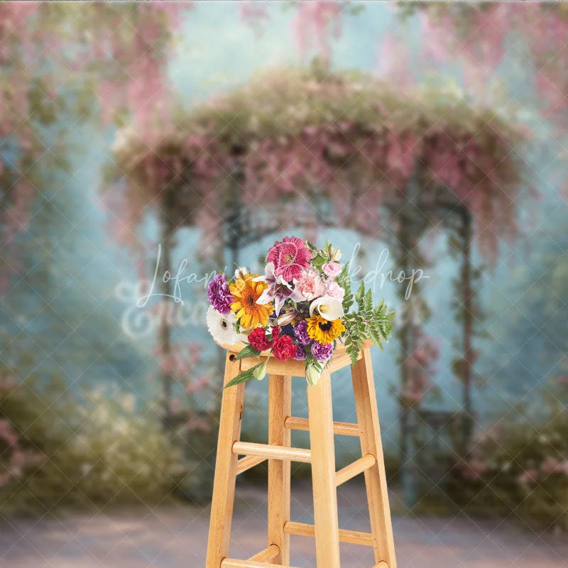 Lofaris Romantic Pink Floral Vines and Ornate Gazebo Photography Backdrop Enchanted Garden Dreamy Portrait Background