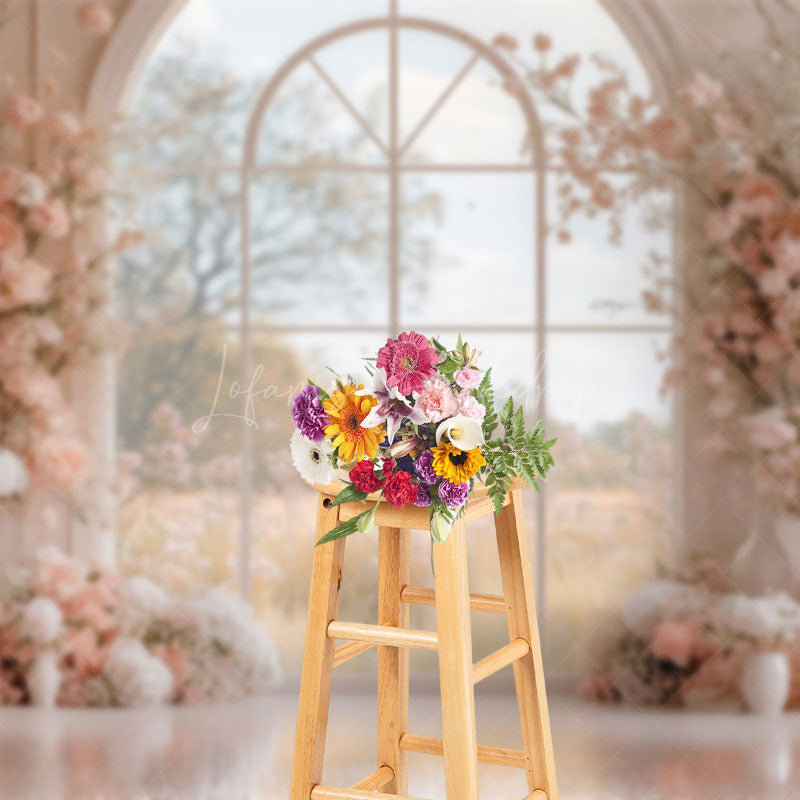 Lofaris Romantic Pink Floral Window Wedding Photo Backdrop