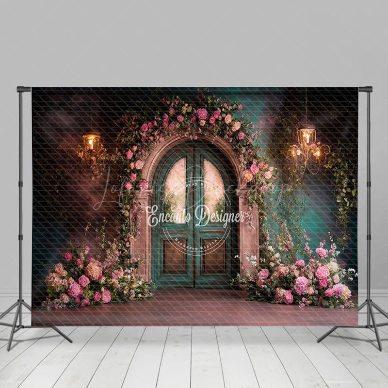 Lofaris Romantic Pink Green Door Floral Wedding Backdrop