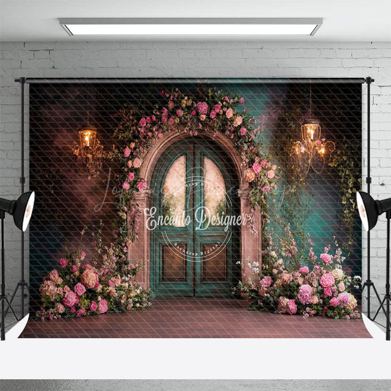 Lofaris Romantic Pink Green Door Floral Wedding Backdrop