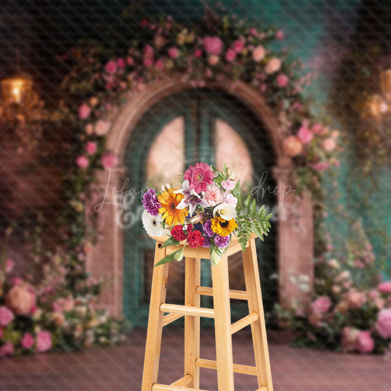 Lofaris Romantic Pink Green Door Floral Wedding Backdrop