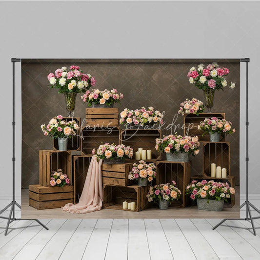 Lofaris Romantic Pink Peach Floral Photography Backdrop with Rustic Wooden Crates Candles for Wedding or Bridal Shower