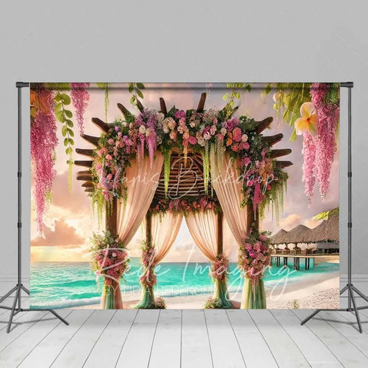 Lofaris Romantic Pink Purple Floral Wedding Arch Backdrop Tropical Beach Sunset Ocean Photography Background