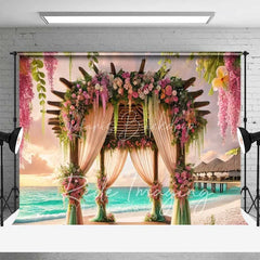 Lofaris Romantic Pink Purple Floral Wedding Arch Backdrop Tropical Beach Sunset Ocean Photography Background