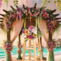 Lofaris Romantic Pink Purple Floral Wedding Arch Backdrop Tropical Beach Sunset Ocean Photography Background