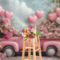 Lofaris Romantic Pink Truck Balloons Floral Cloud Backdrop