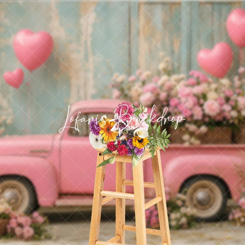 Lofaris Romantic Pink Vintage Truck with Heart Balloons and Flowers Photography Backdrop Rustic Wall Valentine’s Day Theme