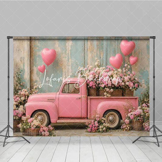 Lofaris Romantic Pink Vintage Truck with Heart Balloons and Flowers Photography Backdrop Rustic Wall Valentine’s Day Theme