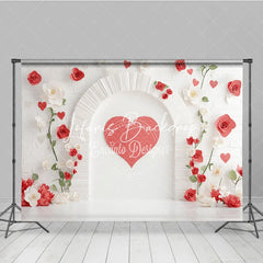 Lofaris Romantic Red Heart Arch Photography Backdrop White Brick Wall with Paper Flowers for Valentine’s Day