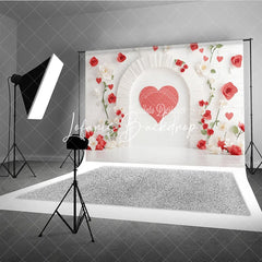 Lofaris Romantic Red Heart Arch Photography Backdrop White Brick Wall with Paper Flowers for Valentine’s Day