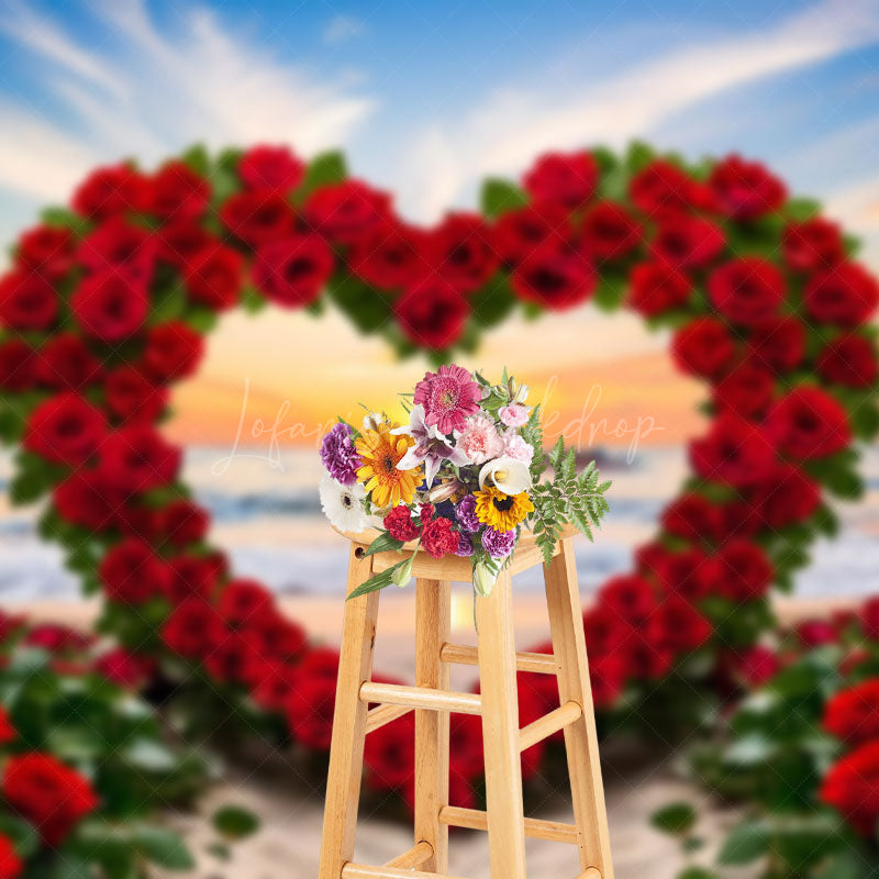 Lofaris Romantic Red Rose Heart Shape Sunset Backdrop