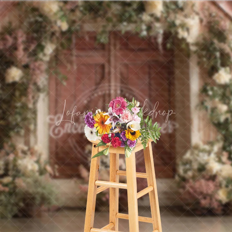 Lofaris Romantic Rustic Wooden Barn Door Photography Backdrop White and Pink Floral Arrangements for Farmhouse Garden