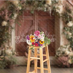 Lofaris Romantic Rustic Wooden Barn Door Photography Backdrop White and Pink Floral Arrangements for Farmhouse Garden