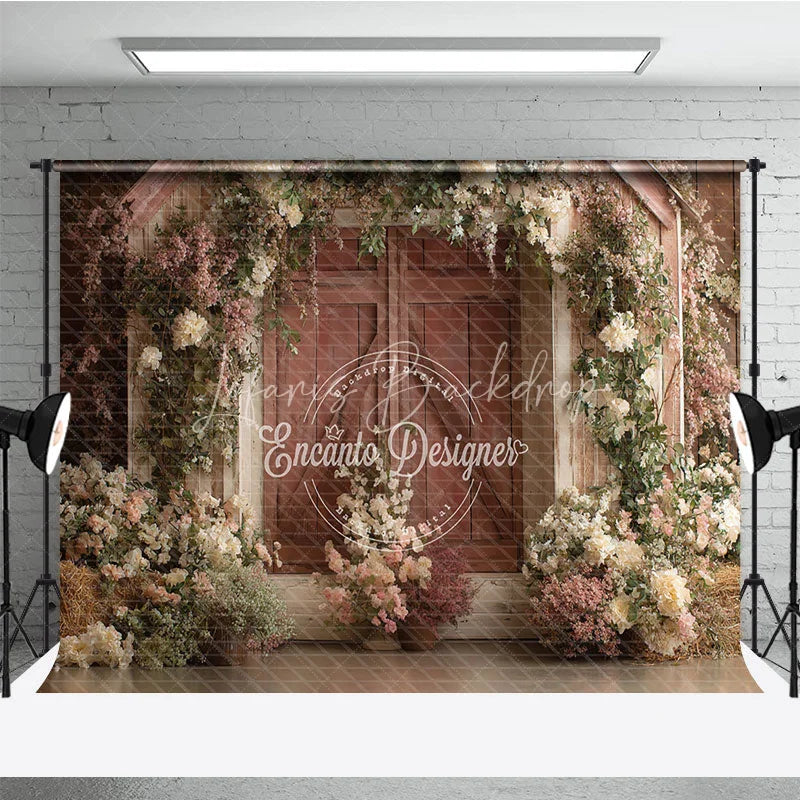 Lofaris Romantic Rustic Wooden Barn Door Photography Backdrop White and Pink Floral Arrangements for Farmhouse Garden