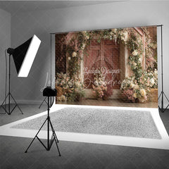 Lofaris Romantic Rustic Wooden Barn Door Photography Backdrop White and Pink Floral Arrangements for Farmhouse Garden