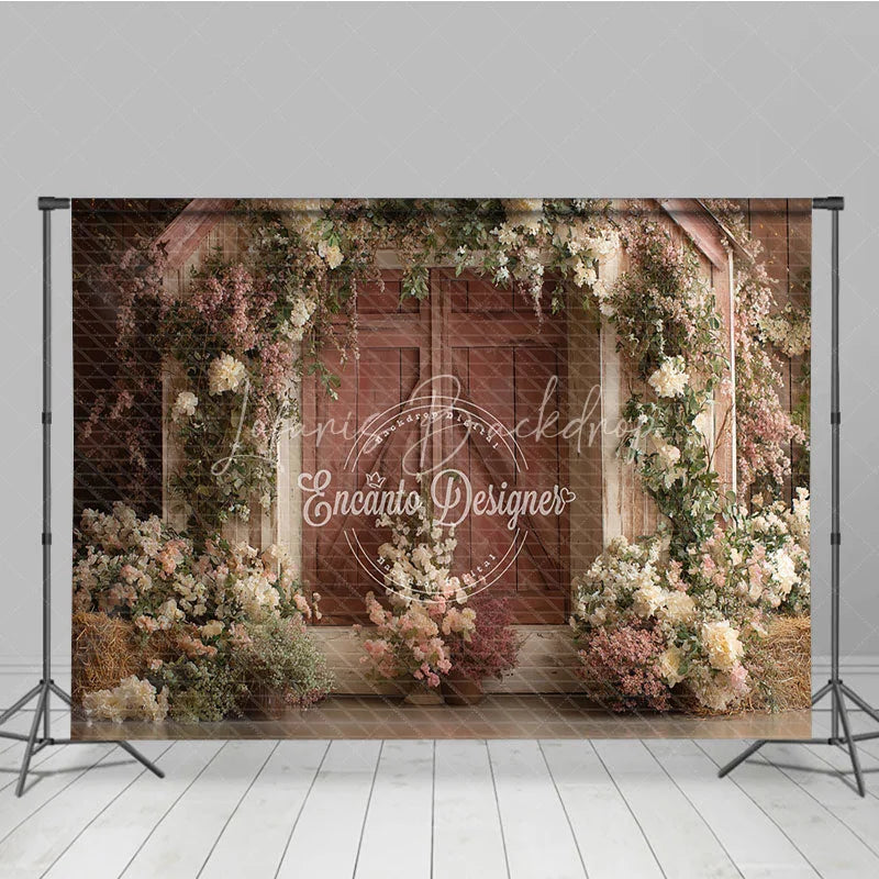 Lofaris Romantic Rustic Wooden Barn Door Photography Backdrop White and Pink Floral Arrangements for Farmhouse Garden