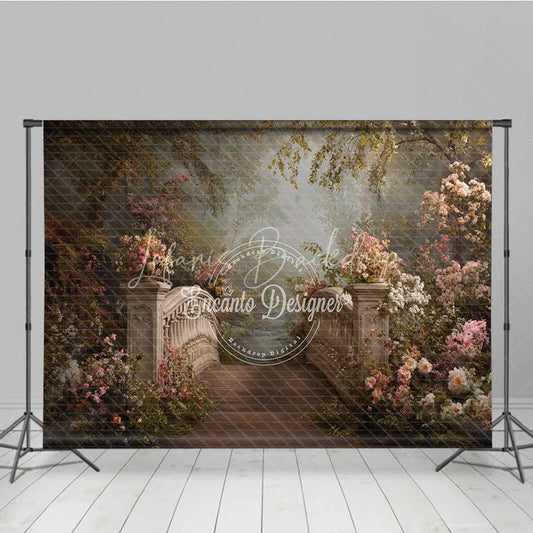 Lofaris Romantic Stone Bridge and Pink Flowers Photography Backdrop Enchanted Garden Forest Path Scene