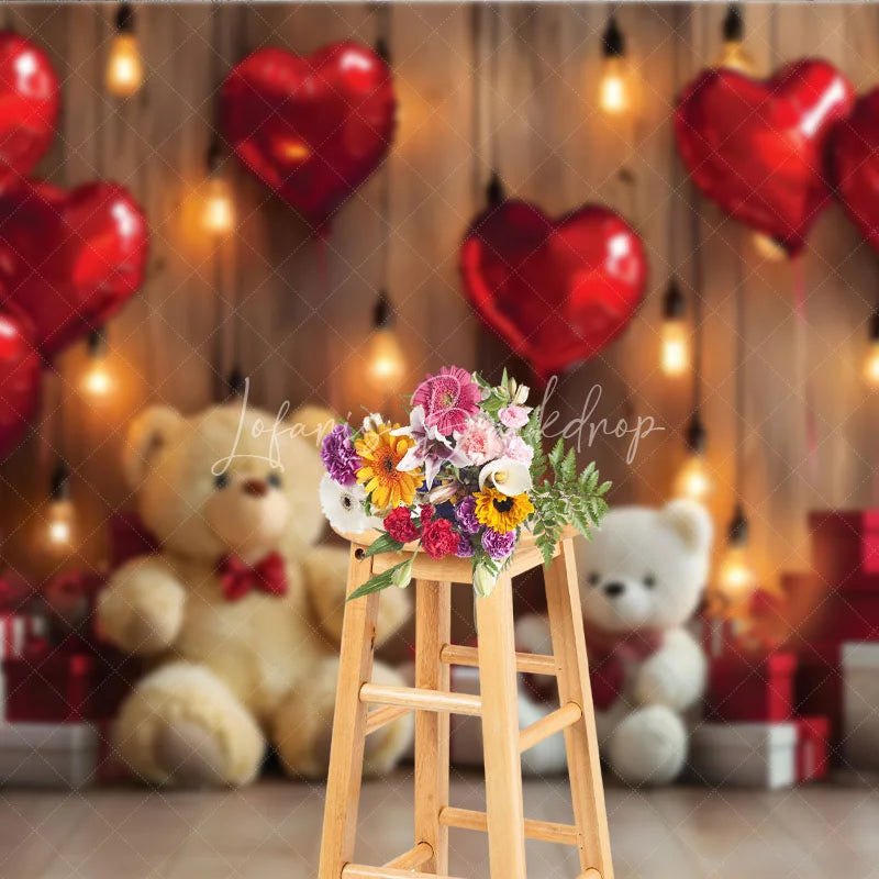 Lofaris Romantic Valentine Day Backdrop Red Heart Balloons Teddy Bear Lights Background Love Theme Photography Prop