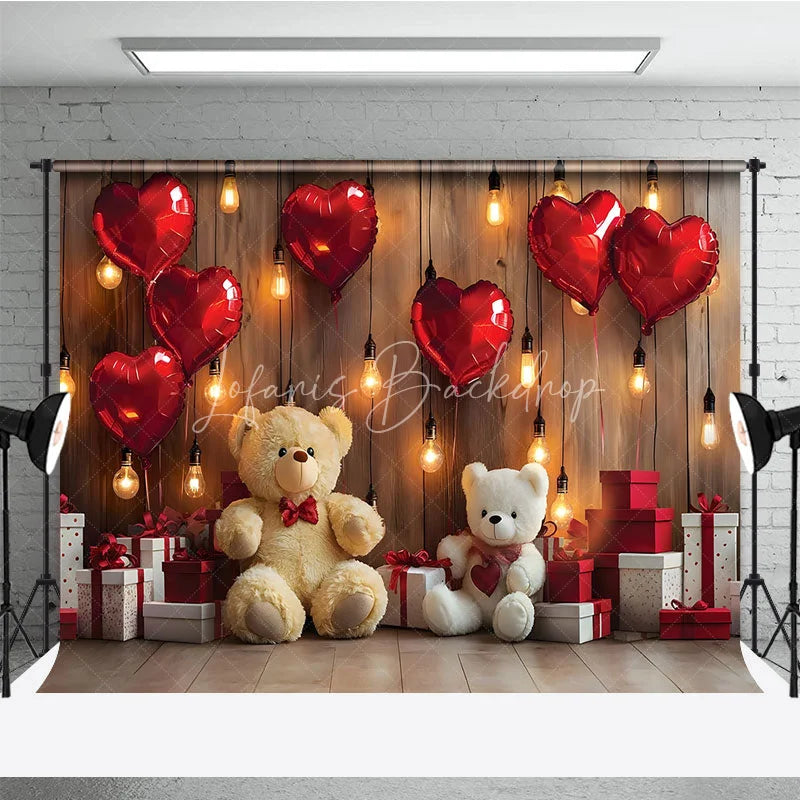 Lofaris Romantic Valentine Day Backdrop Red Heart Balloons Teddy Bear Lights Background Love Theme Photography Prop