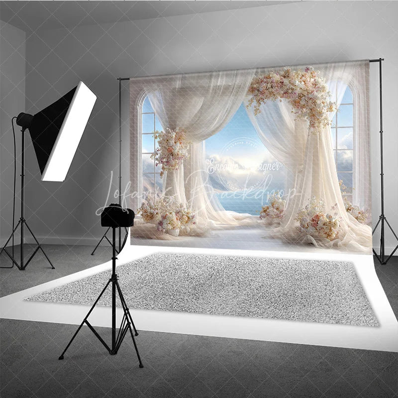 Lofaris Romantic Wedding Arch Backdrop Window View with Ocean Sky Sheer Curtains and Floral Decor for Bridal Shower