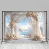 Lofaris Romantic Wedding Arch Backdrop Window View with Ocean Sky Sheer Curtains and Floral Decor for Bridal Shower