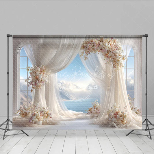 Lofaris Romantic Wedding Arch Backdrop Window View with Ocean Sky Sheer Curtains and Floral Decor for Bridal Shower