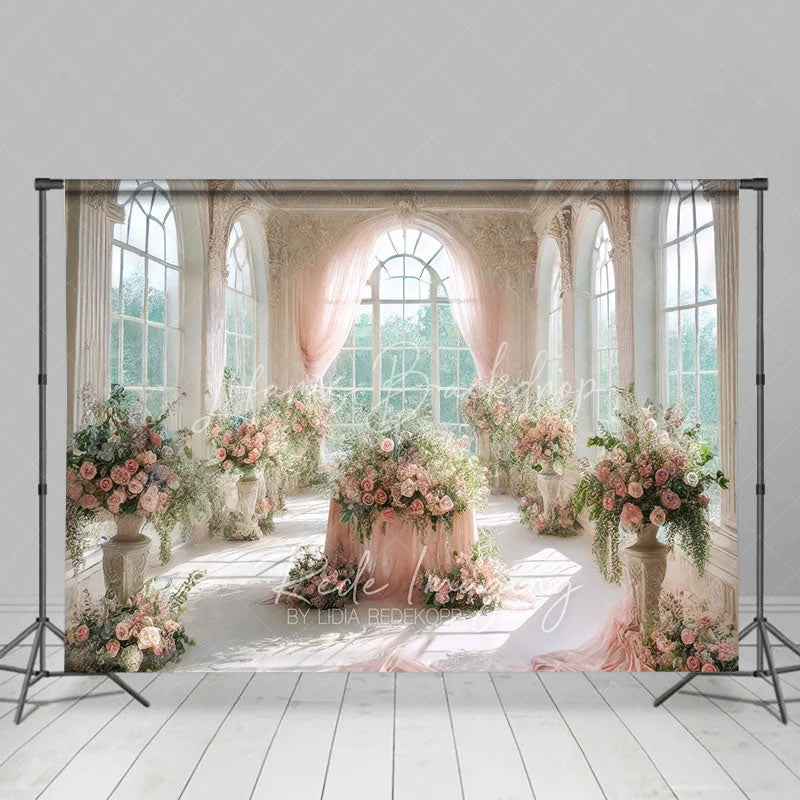 Lofaris Romantic White Castle Wedding Backdrop Pink Curtains and Floral Table Centerpiece Photography Background for Party