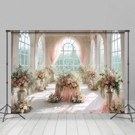 Lofaris Romantic White Castle Wedding Backdrop Pink Curtains and Floral Table Centerpiece Photography Background for Party